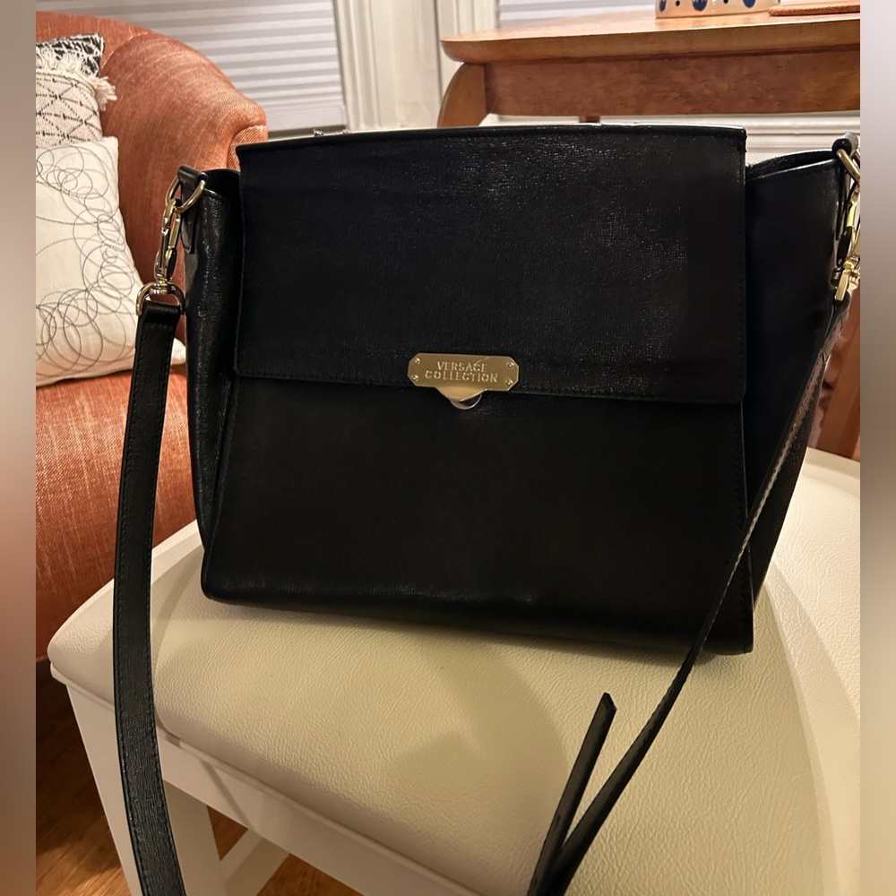 Versace Collection Saffiano Leather Satchel Crossbody Top Handle Black Bag